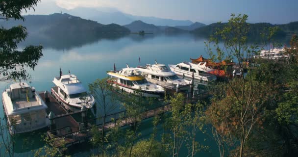 Hermoso Amanecer Sun Moon Lake Muelle Shuishe Taiwán — Vídeo de stock