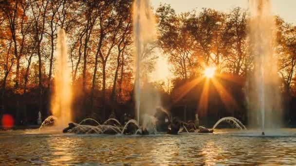 Όμορφο Ηλιοβασίλεμα Στο Σιντριβάνι Απόλλων Στους Κήπους Των Βερσαλλιών Γαλλία — Αρχείο Βίντεο