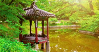 Köşk ve alace Sarayı'nın Huwon (Secret Garden) gölde. Seoul, Güney Kore
