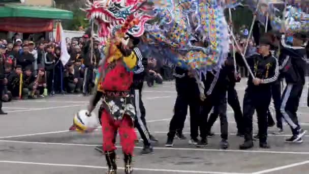 Miaoli Taiwan Februar 2019 Kopf Eines Drachen Mit Löwe Tanzen — Stockvideo