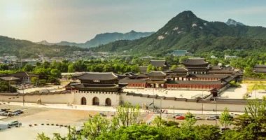 Gyeongbokgung Palace'ın güzel gün batımı manzarası, Seul, Güney Kore,