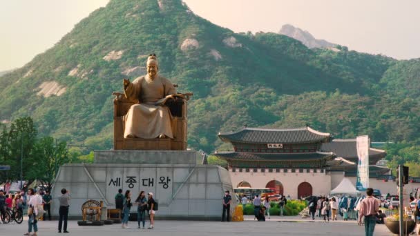 Hermosa Puesta Sol Ciudad Seúl Vista Frontal Gyeongbokgung Palacio Estatua — Vídeos de Stock