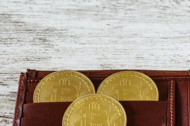 Metal bitcoins kahverengi deri cüzdan. Bitcoin - modern sanal sikkeleri. Blok zinciri teknoloji