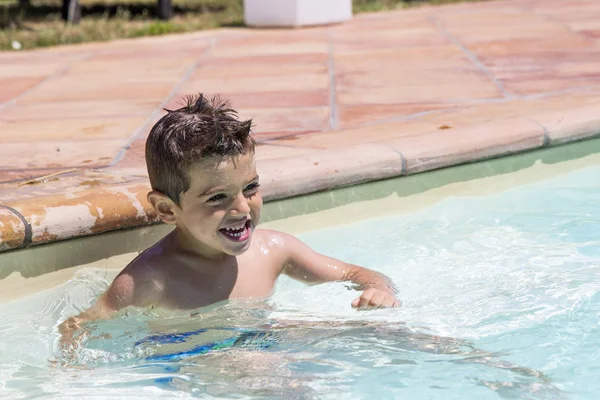 Cute Little Boy Playing Swimming Pool Summer — Stock Photo, Image