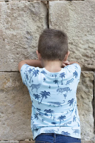 Kleiner Junge Sommer Draußen Vor Der Wand — Stockfoto