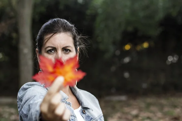 Frau Mittleren Alters Zeigt Herbst Orangefarbenes Blatt — Stockfoto