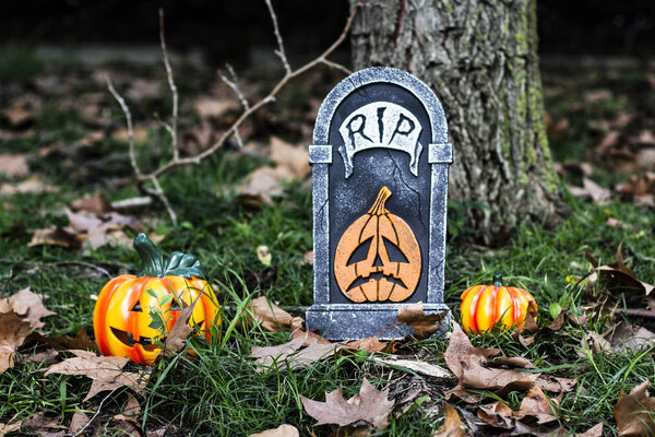 Tomb and pumpkins in the woods on Halloween