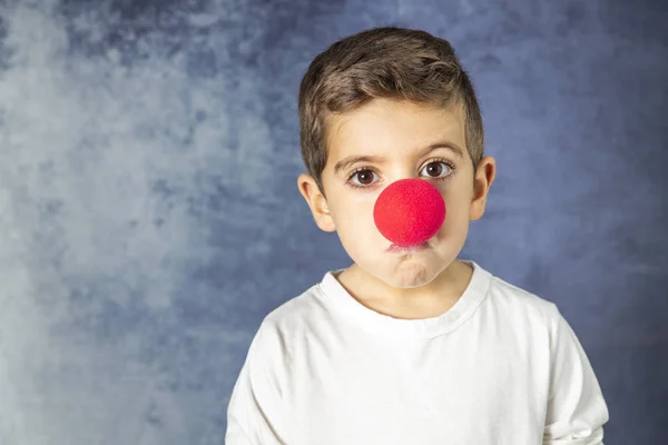 Portrait Sad Young Boy Clown Nose — Stock Photo, Image