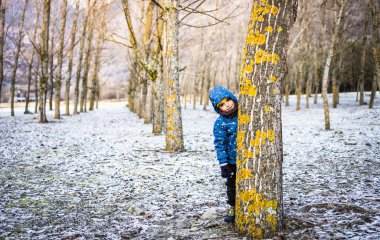 Küçük çocuk karlı bir ormana bir ağacın arkasına saklanmış