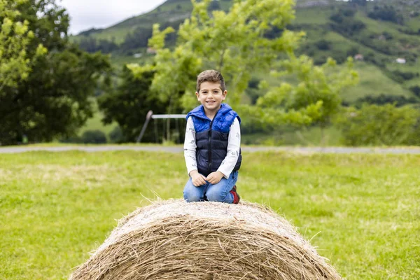 Netter Junge auf einem Strohballen — Stockfoto