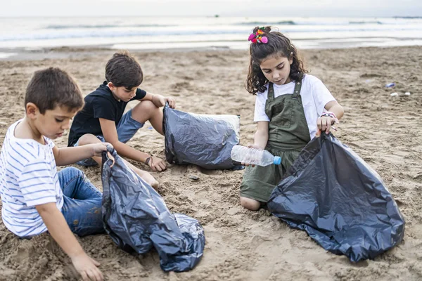 Bir grup çocuk plajda plastik topluyor. 