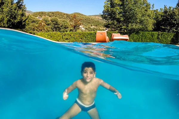 Funny Boy Diving Swimming Pool — Stock Photo, Image