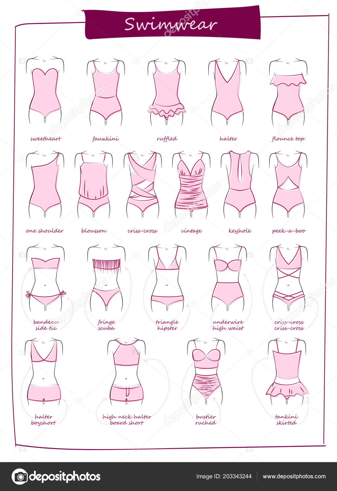 Diferentes Tipos Fatos Banho Swimsuits Conjunto Coleção Ícones Símbolo  Vetorial imagem vetorial de Lazuin.gmail.com© 203343244