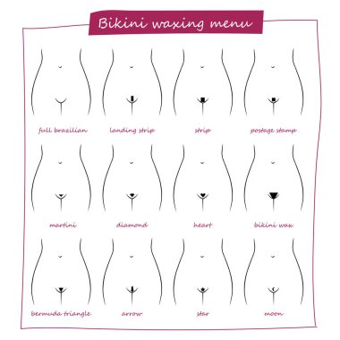 Tam düzeni tüm saç kesimi bikini bölgesi türleri. Gösterim amacıyla salonu ve spa. Vektör katmanlı dosya. Bikini ağda menü.