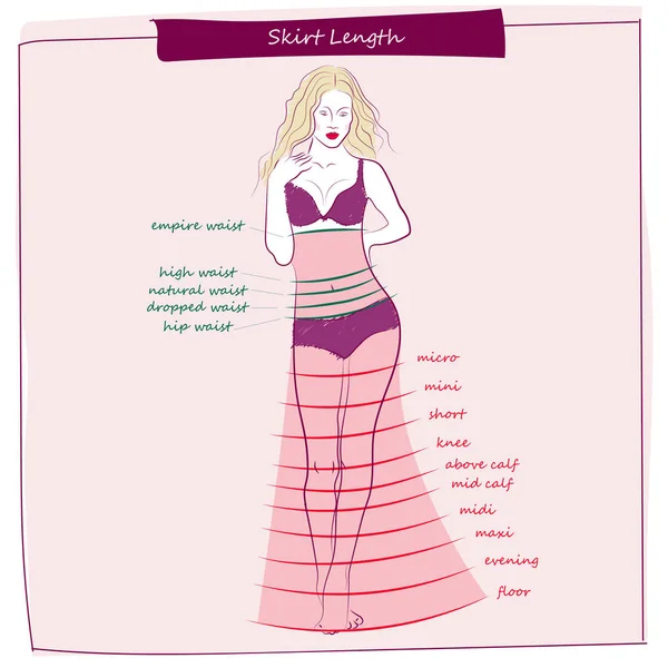 Tipos Longitudes Falda Vector Diferentes Tipos Faldas Las Variedades Femeninas — Archivo Imágenes Vectoriales