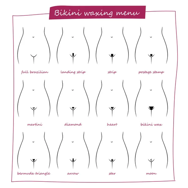 Tam düzeni tüm saç kesimi bikini bölgesi türleri. Gösterim amacıyla salonu ve spa. Vektör katmanlı dosya. Bikini ağda menü.