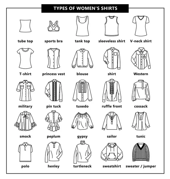 Tipos de camisas de mujer — Vector de stock