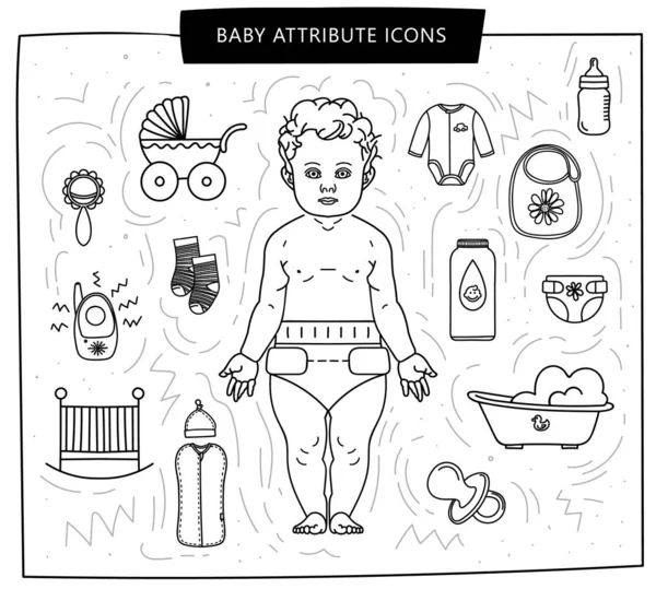Iconos planos de atributos de bebé — Vector de stock