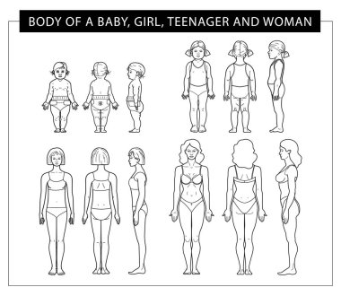 body from baby to woman from all sides