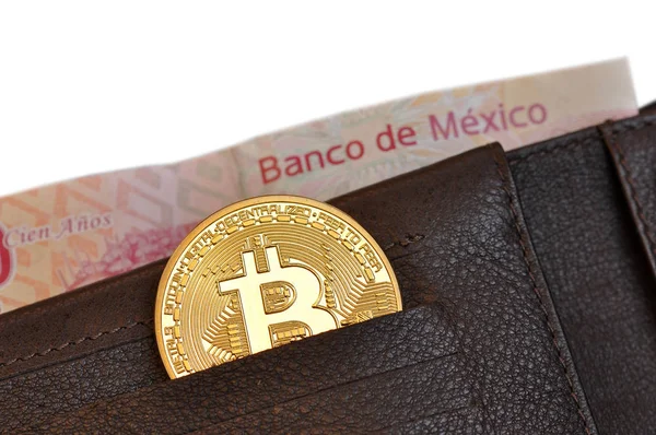 Bitcoin Monedero Cuero Billete Mexicano Banco Pesos Mexicanos Sobre Fondo — Foto de Stock