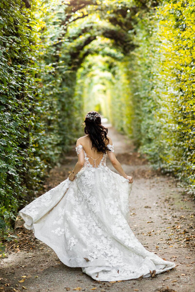 The bride walks through a tunnel of greenery. It is visible from the back.