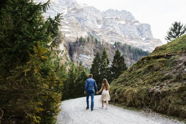 Çift dağlarda yürür. Ön planda çam ağaçları, dağlar ve gökyüzü var..