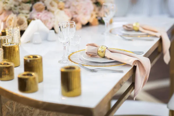 Cutlery Table Side View Image Beautifully Decorated Wedding Venue — Stock Photo, Image