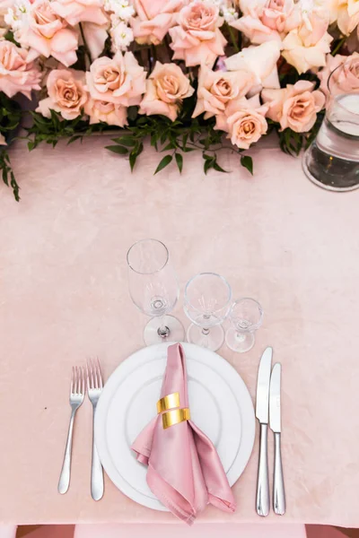 Cutlery Table Top View Image Beautifully Decorated Wedding Venue — Stock Photo, Image