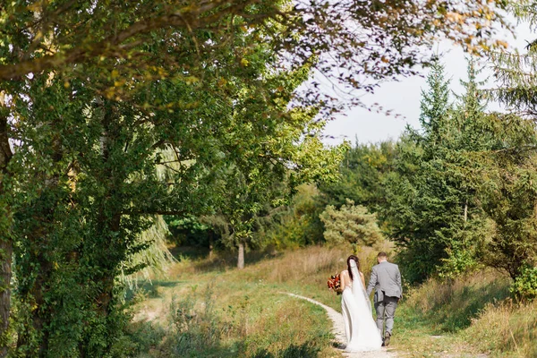 Couple Promène Dans Forêt Conifères Sentier Feuillus — Photo