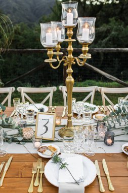 Düğün masası boho tarzında hazırlanmış, otlar ve yeşillikler, yumuşak odak