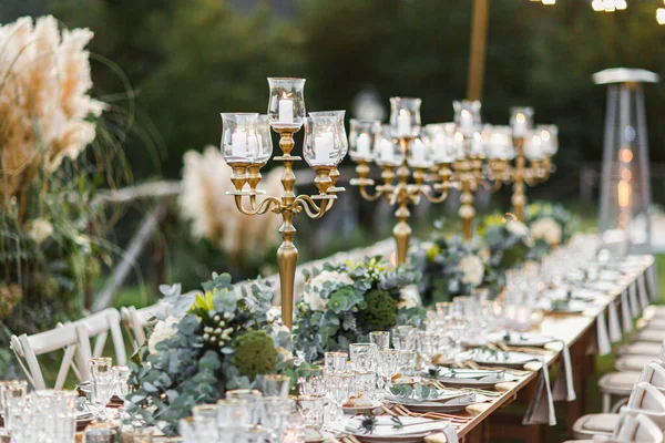 Mesa Boda Estilo Boho Con Césped Pampas Vegetación Enfoque Suave —  Fotos de Stock