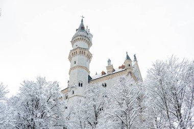 Kış manzara Neuschwanstein Kalesi. Güneybatı Bavyera Fussen yakınlarındaki Hohenschwangau köyü üzerinde engebeli bir tepe üzerinde bir on dokuzuncu yüzyıl Romanesk Revival sarayı, Almanya.