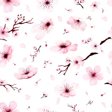 Suluboya Sakura dalları ile Dikişsiz desen el boyalı.