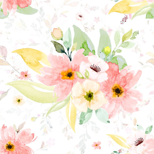 Seamless pattern with watercolor hand painted flower and leaves.