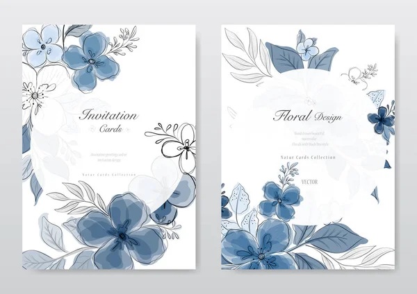 Ensemble de belles fleurs bleu aquarelle carte — Image vectorielle