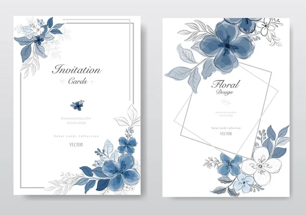 Conjunto de azul acuarela florales tarjeta — Archivo Imágenes Vectoriales