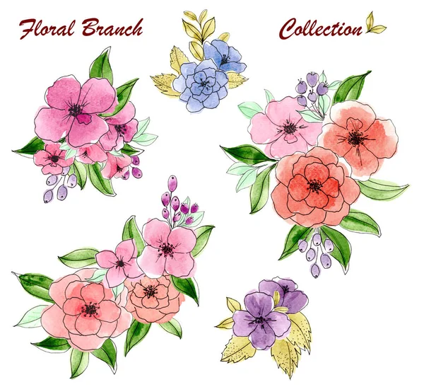 Set of floral bouquet watercolor design elements