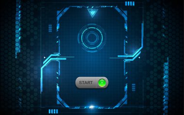 Soyut teknoloji arka plan, dijital iletişim ağı bilgisayar, fütüristik enerji bilimi sistemi gerçekçi başlangıç daire oyun düğmesi