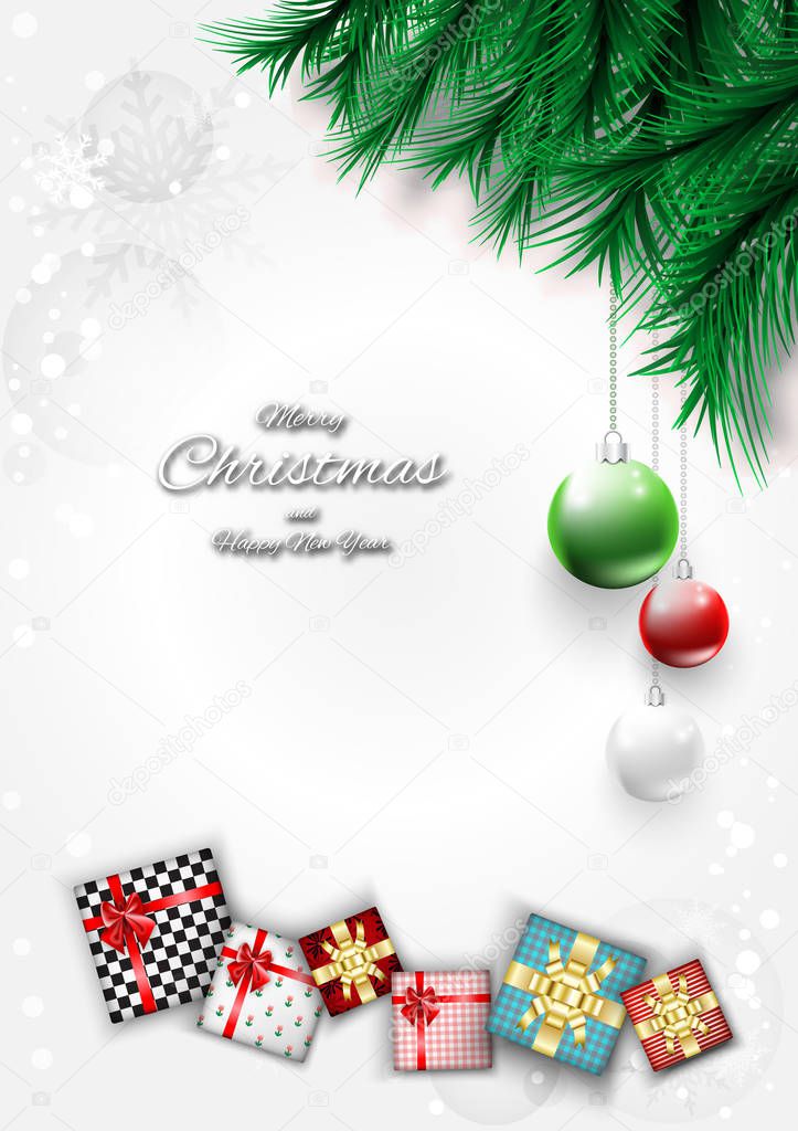 Merry christmas bright background with gift box and ball