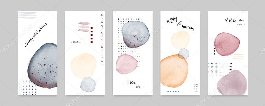Set of cards Abstract geometric modern design combined with stain hand-painted watercolor on white background. Artistic vector used as decorative design of brochure, poster, cover, banner.