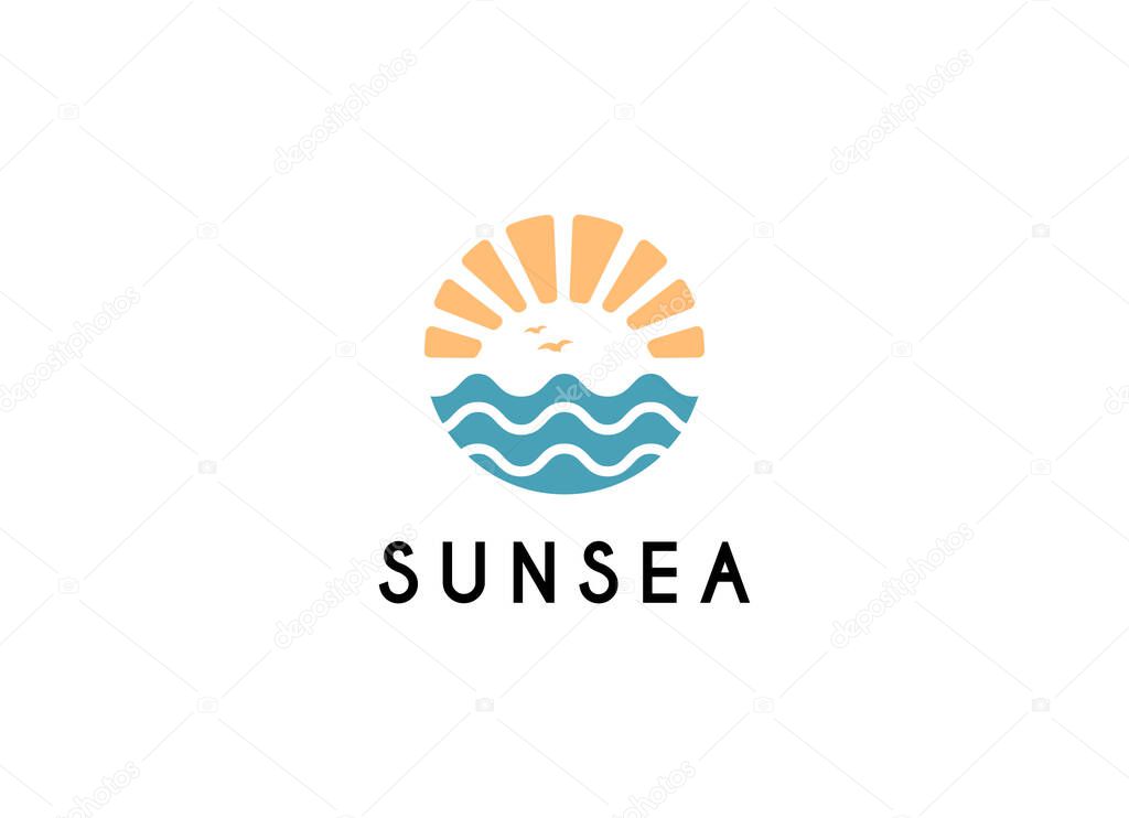 Summer beach coast island logo, sunset island nature logo design