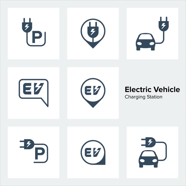 Elektrikli Araç Şarj Istasyonu Icons Set Vektör Çizim — Stok Vektör