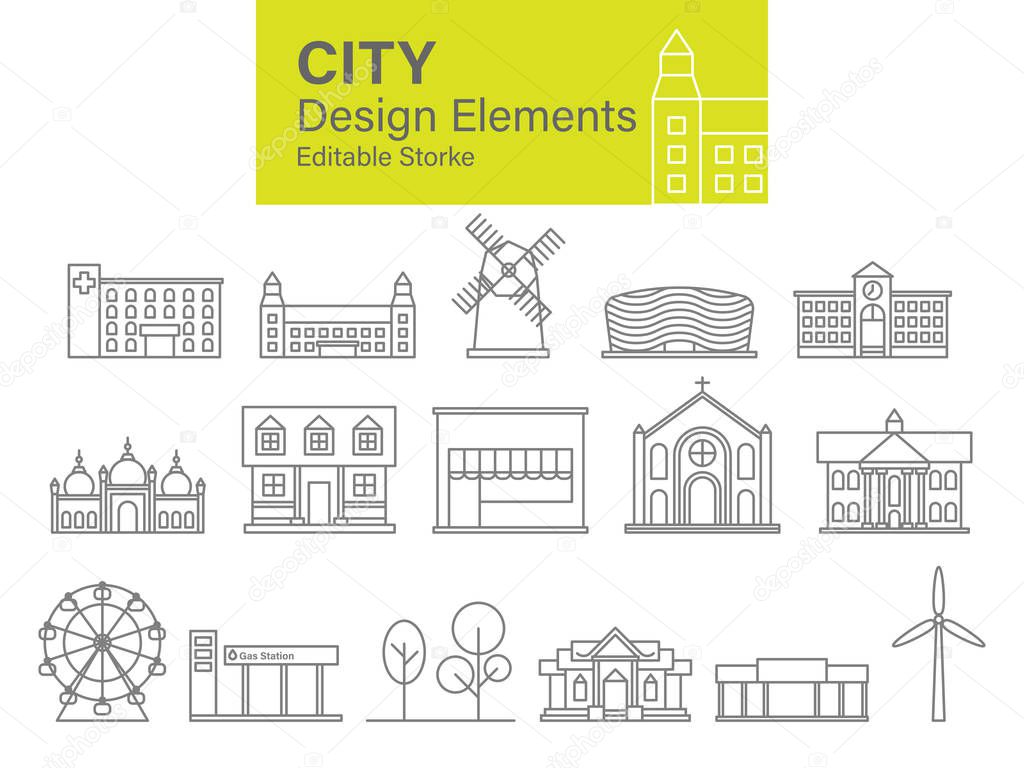 City design elements, Editable stroke. Vector illustration. Isolated on white background.