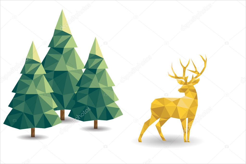 Low poly Christmas scene with reindeer and pines. Vector illustration