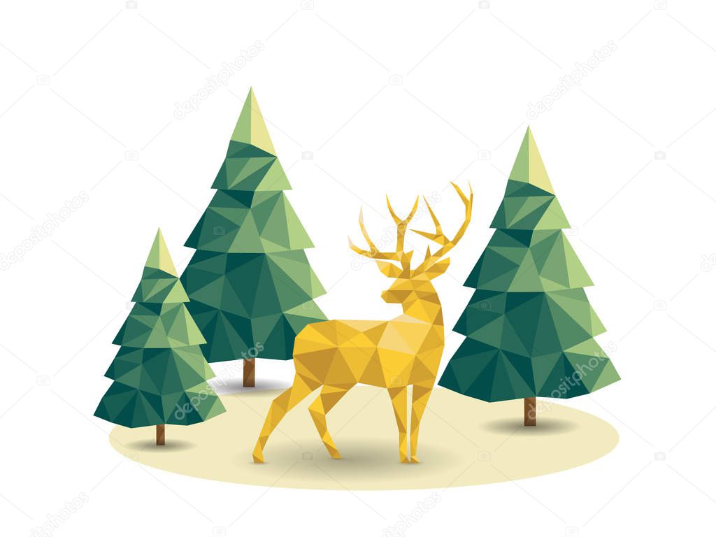 Low poly Christmas scene with reindeer and pines.