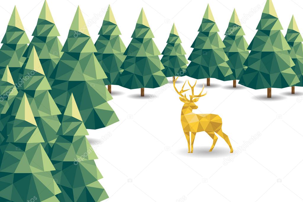 Low poly Christmas scene with reindeer and pines, Vector illustration