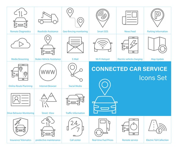 Connected Car Service Icons Set Isolated White Background Vector Illustration — Stock Vector