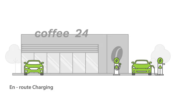 Lectric Auto Von Der Ladestation Auf Dem Parkplatz Des Cafés — Stockvektor