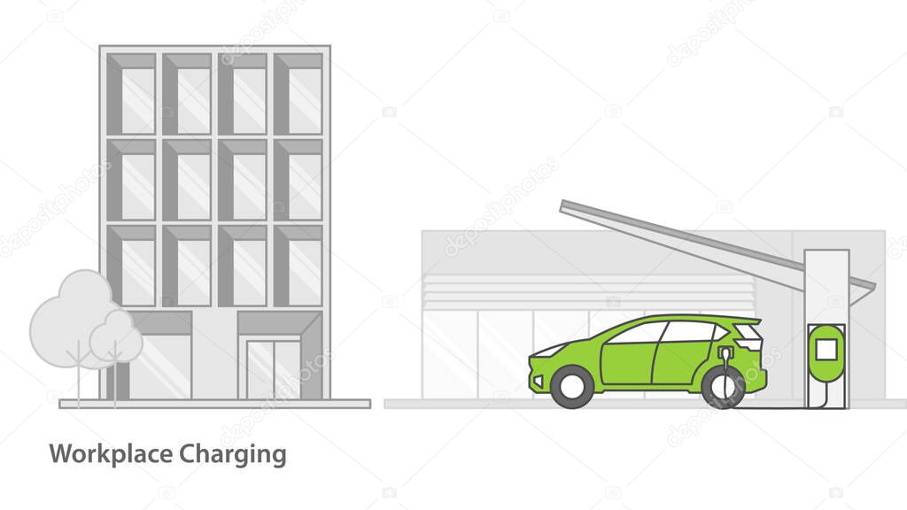 Electric car charged from the charging station in front of office building.vector illustration.Minimal Technology concept.