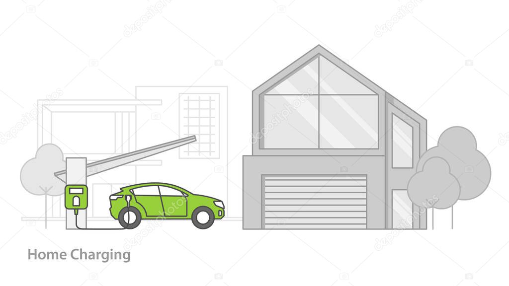 Electric car charged from the charging station in parking of modern home.vector illustration.Minimal Technology concept.